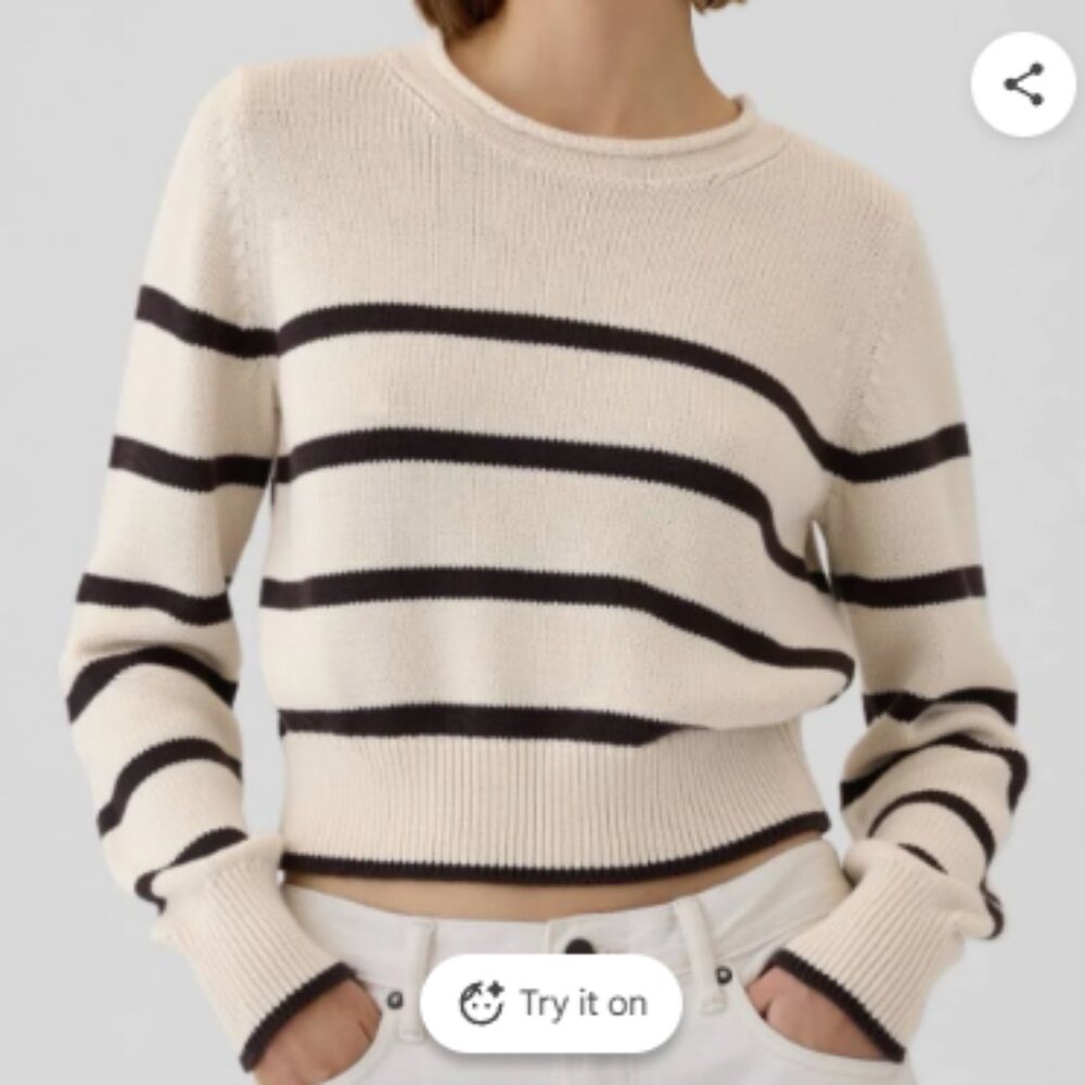 Gap 100% cotton shrunken rollneck sweater, cream w/brown stripes, size M